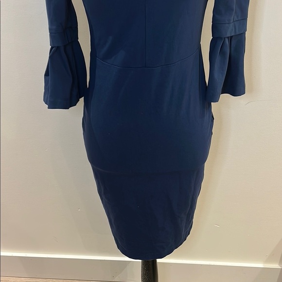 Navy Blue Sheath Dress with Mock Neck and Bell Sleeves for Work - Picture 8 of 12